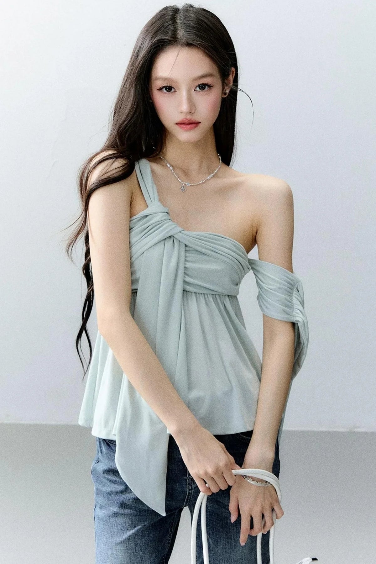 Island Green Asymmetrical Off-Shoulder Top Set-Up