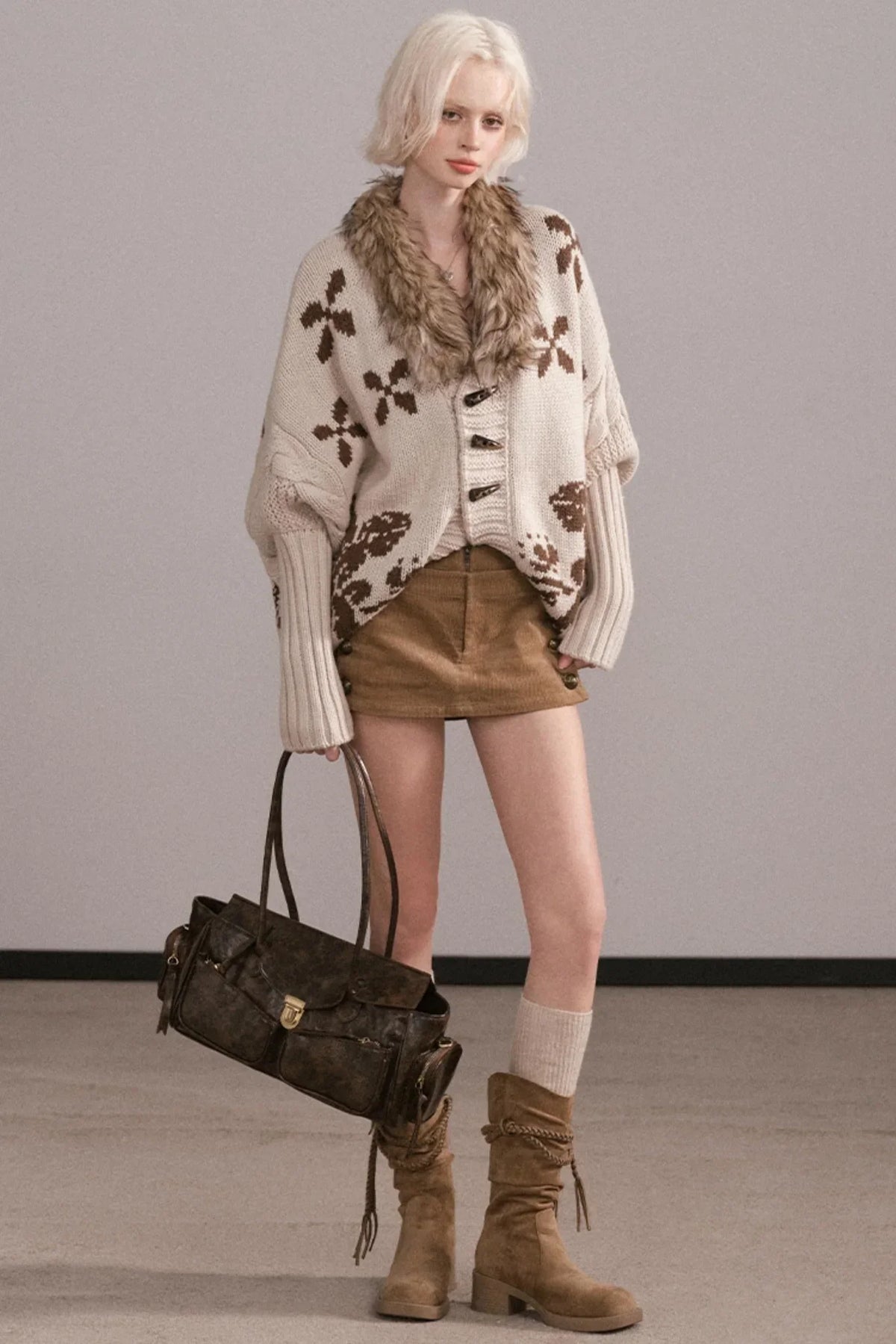 Jacquard Fur Collar Batwing Jacket