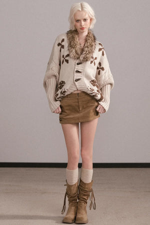 Jacquard Fur Collar Batwing Jacket