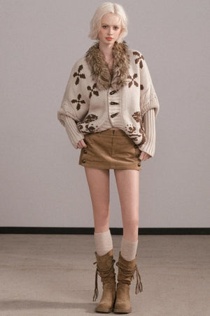 Jacquard Fur Collar Batwing Jacket