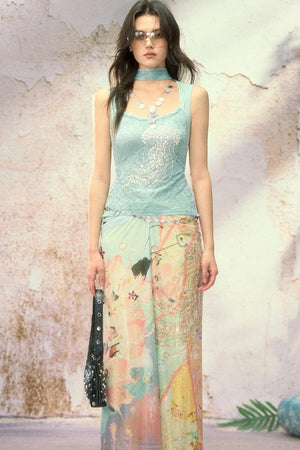 Jellyfish Pearl Rhinestone Lace Ruffle Strap Tank Top