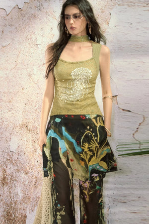 Jellyfish Pearl Rhinestone Lace Ruffle Strap Tank Top