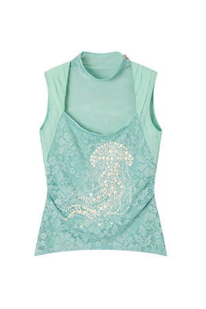 Jellyfish Pearl Rhinestone Lace Ruffle Strap Tank Top