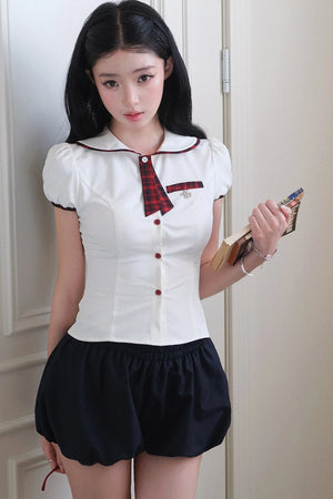 JK Uniform Plaid Bow Tie and Top Set