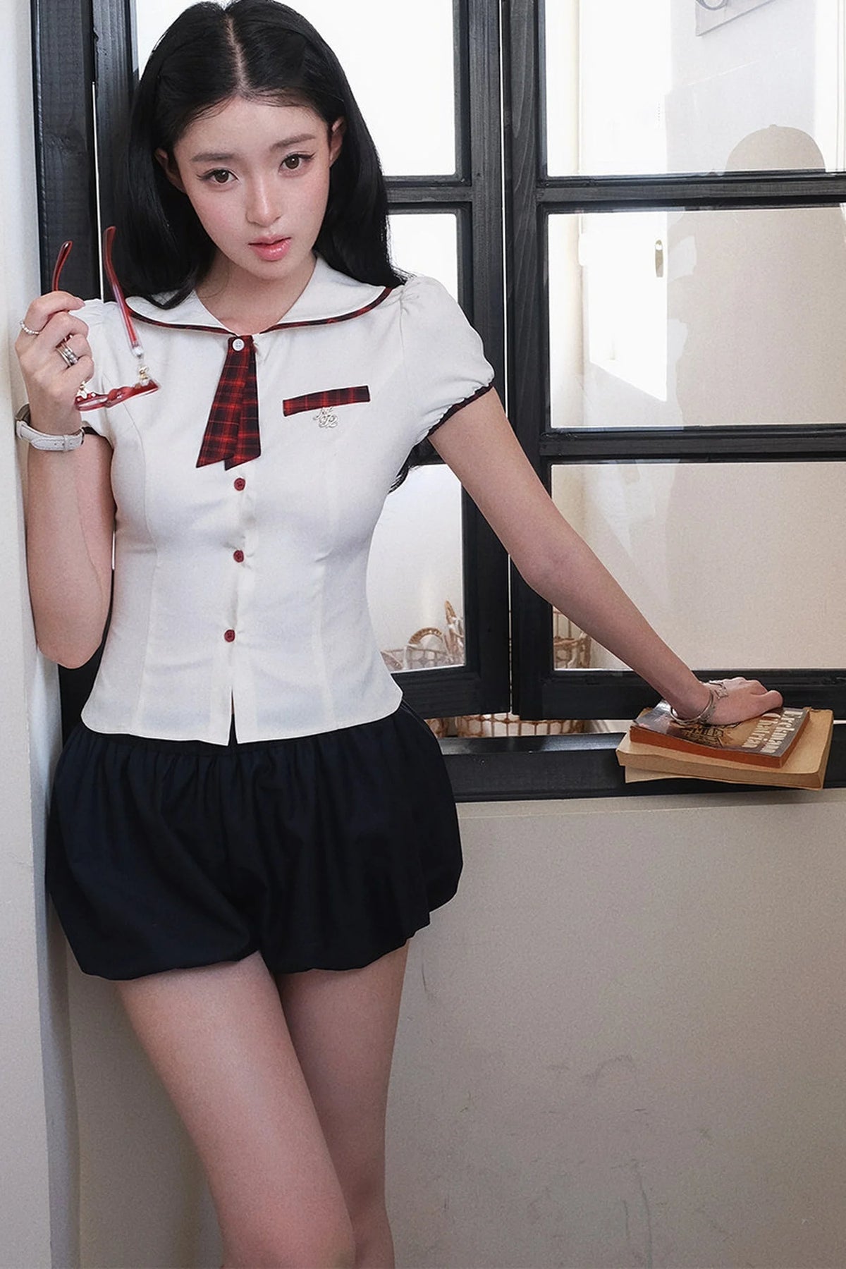 JK Uniform Plaid Bow Tie and Top Set