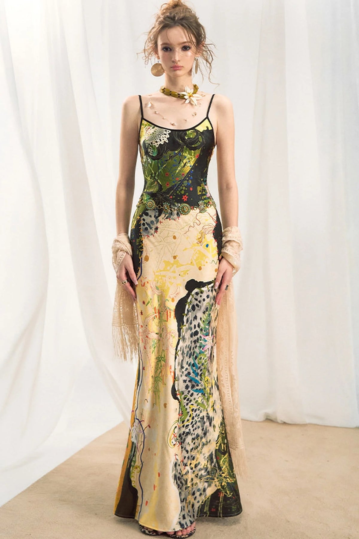 Jungle Leopard Stitch Floral Print Slip Dress Set-Up