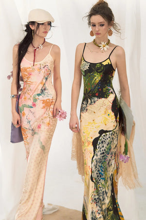 Jungle Leopard Stitch Floral Print Slip Dress Set-Up