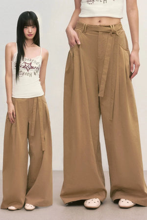 Khaki Tie-Waist Wide-Leg Pants