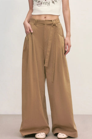 Khaki Tie-Waist Wide-Leg Pants