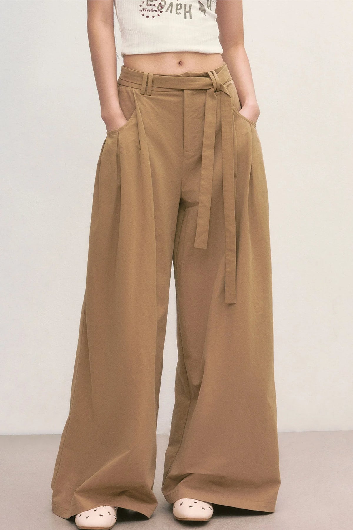 Khaki Tie-Waist Wide-Leg Pants