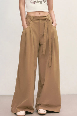Khaki Tie-Waist Wide-Leg Pants