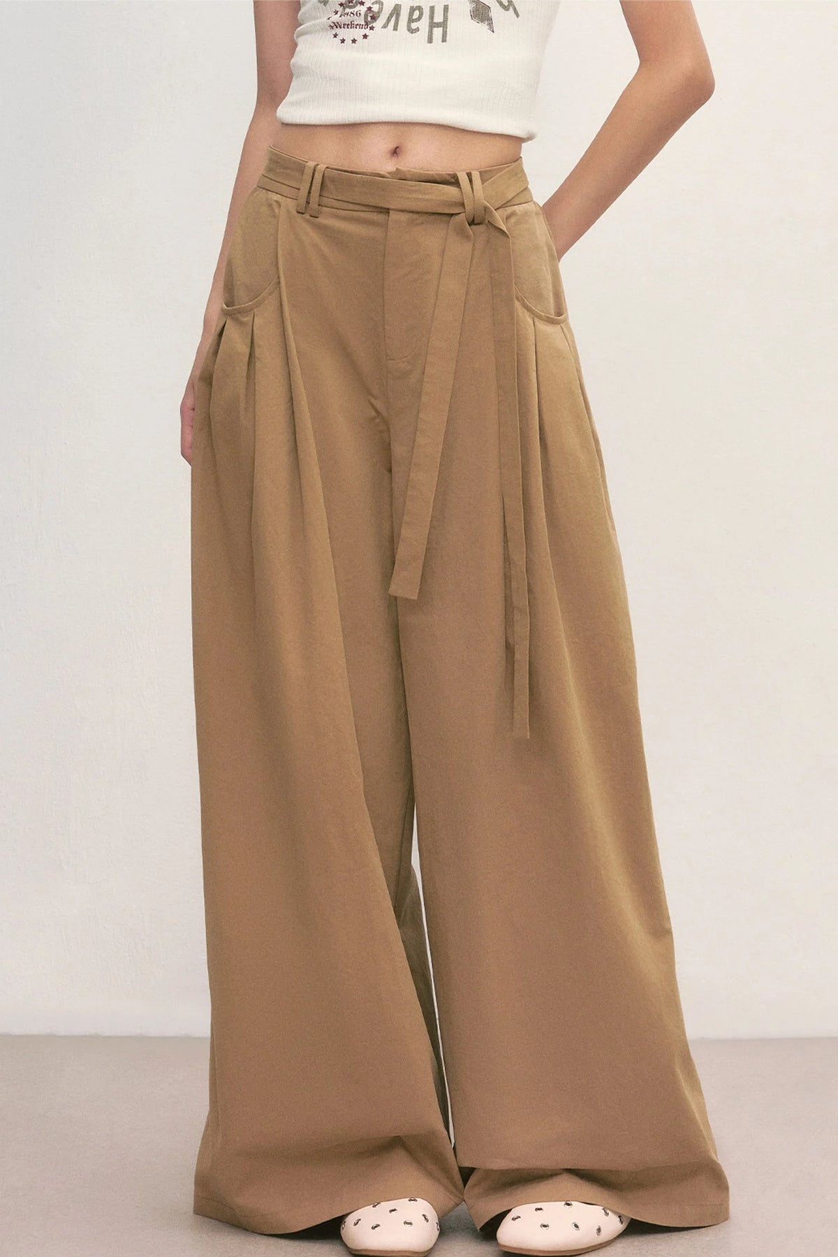 Khaki Tie-Waist Wide-Leg Pants