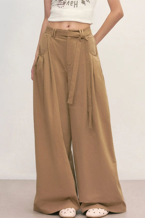 Khaki Tie-Waist Wide-Leg Pants