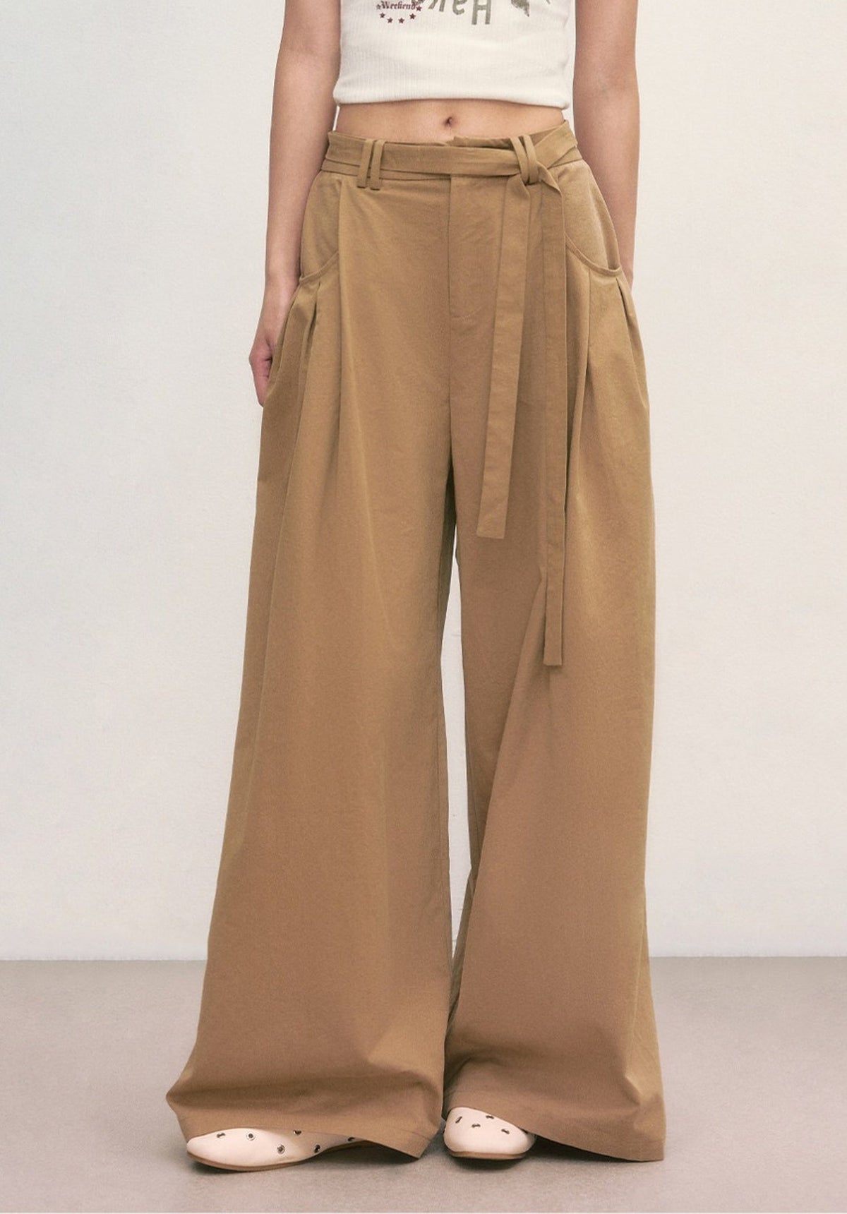 Khaki Tie-Waist Wide-Leg Pants