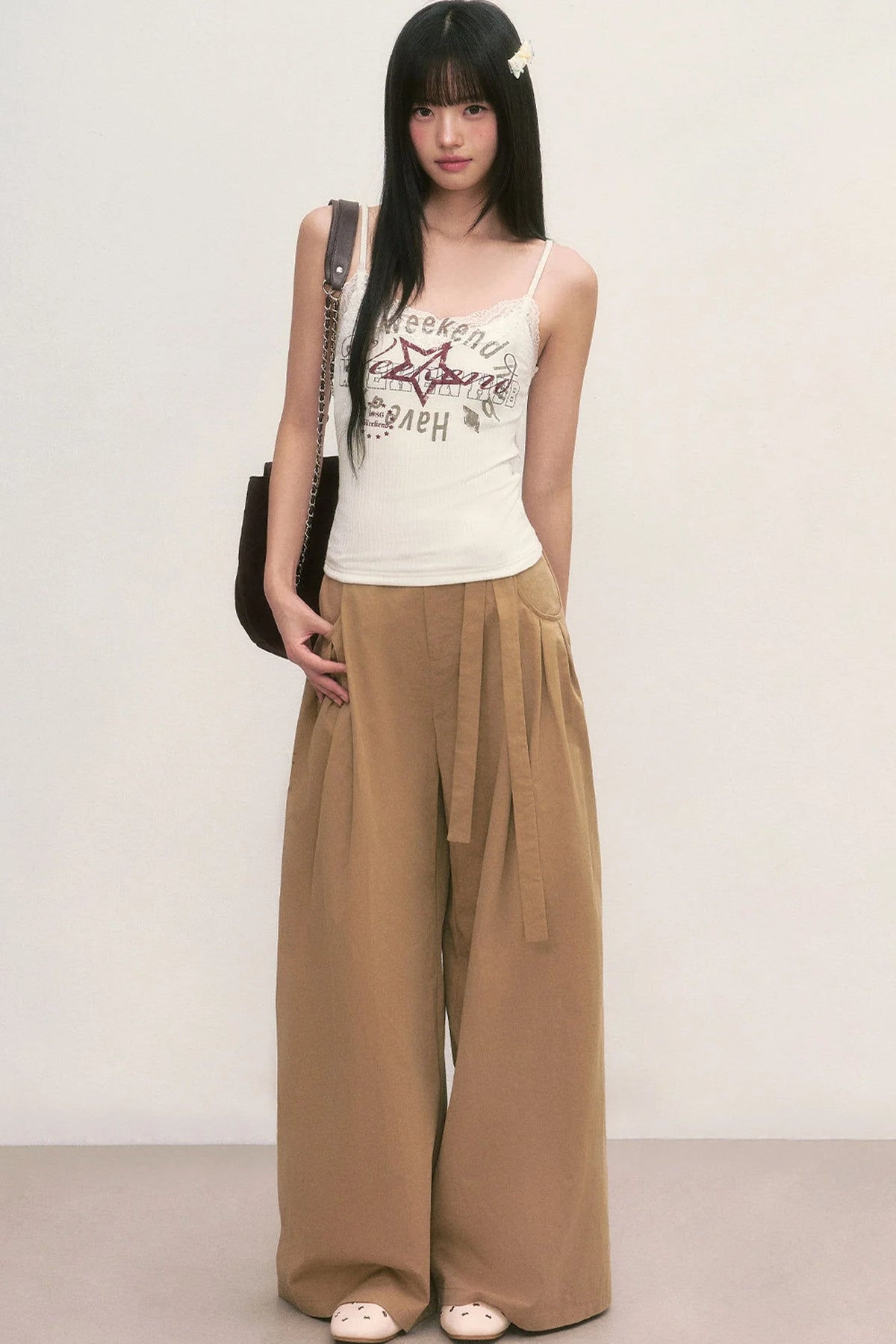Khaki Tie-Waist Wide-Leg Pants