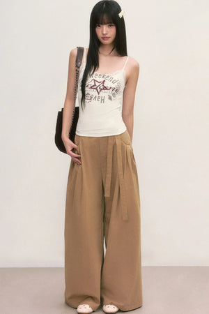 Khaki Tie-Waist Wide-Leg Pants
