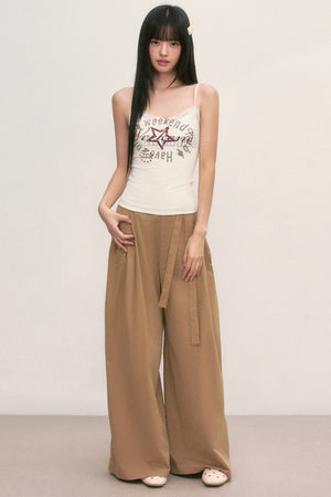 Khaki Tie-Waist Wide-Leg Pants