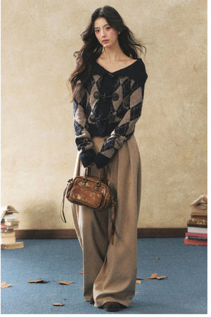Khaki Wide-Leg Casual Pants
