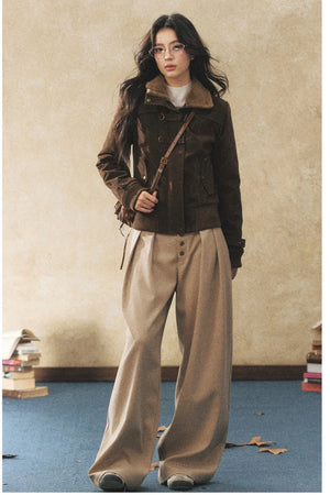 Khaki Wide-Leg Casual Pants