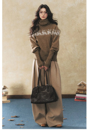 Khaki Wide-Leg Casual Pants