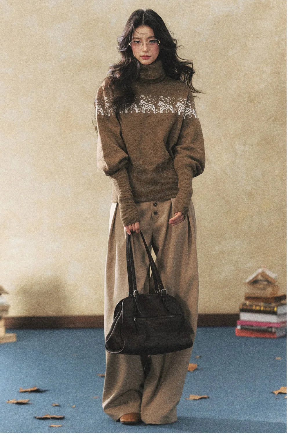 Khaki Wide-Leg Casual Pants