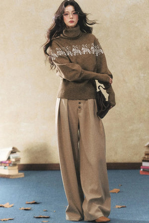 Khaki Wide-Leg Casual Pants