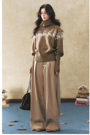 Khaki Wide-Leg Casual Pants