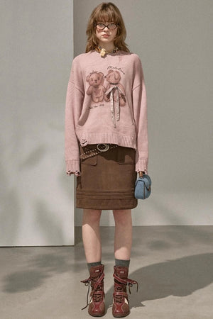 Kiss Bear Print Long Sleeve Sweater