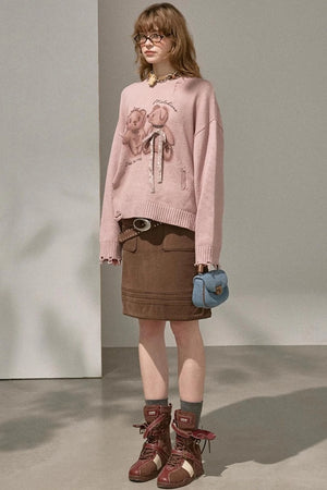 Kiss Bear Print Long Sleeve Sweater