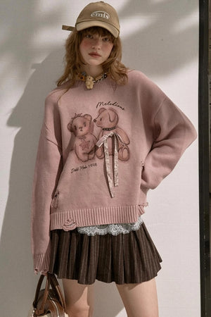 Kiss Bear Print Long Sleeve Sweater