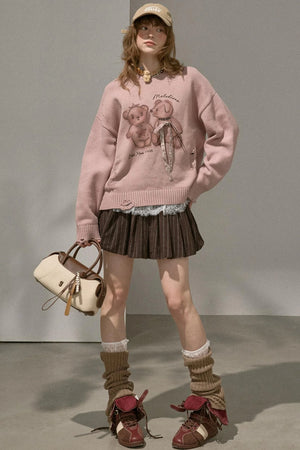 Kiss Bear Print Long Sleeve Sweater