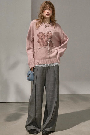 Kiss Bear Print Long Sleeve Sweater