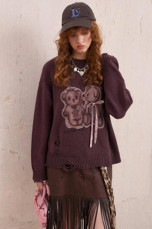 Kiss Bear Print Long Sleeve Sweater