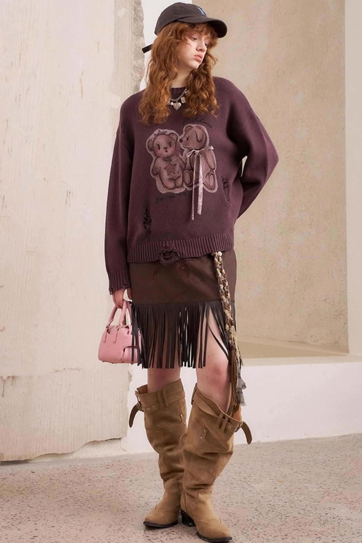 Kiss Bear Print Long Sleeve Sweater