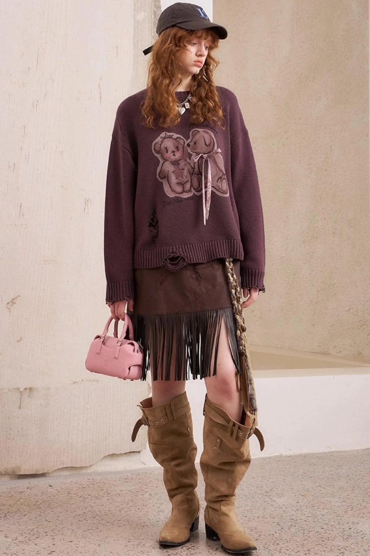 Kiss Bear Print Long Sleeve Sweater