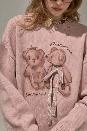 Kiss Bear Print Long Sleeve Sweater