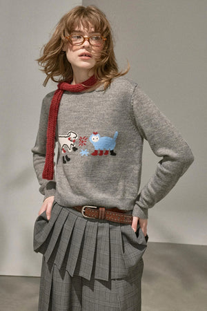 Kitten Puppy Embroidered Wool Blend Top