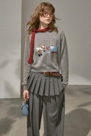 Kitten Puppy Embroidered Wool Blend Top