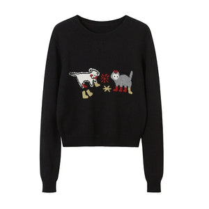 Kitten Puppy Embroidered Wool Blend Top