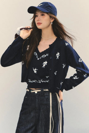Knit Floral Cardigan Set-Up