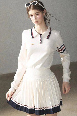 Knit Polo Top And Pleated Skirt Set-Up