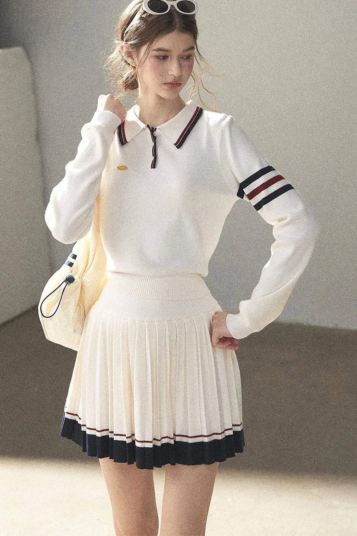 Knit Polo Top And Pleated Skirt Set-Up