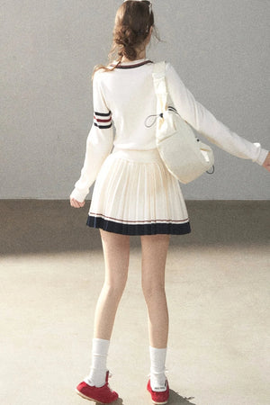 Knit Polo Top And Pleated Skirt Set-Up
