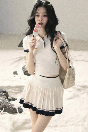 Knit Polo Top And Pleated Skirt Set-Up