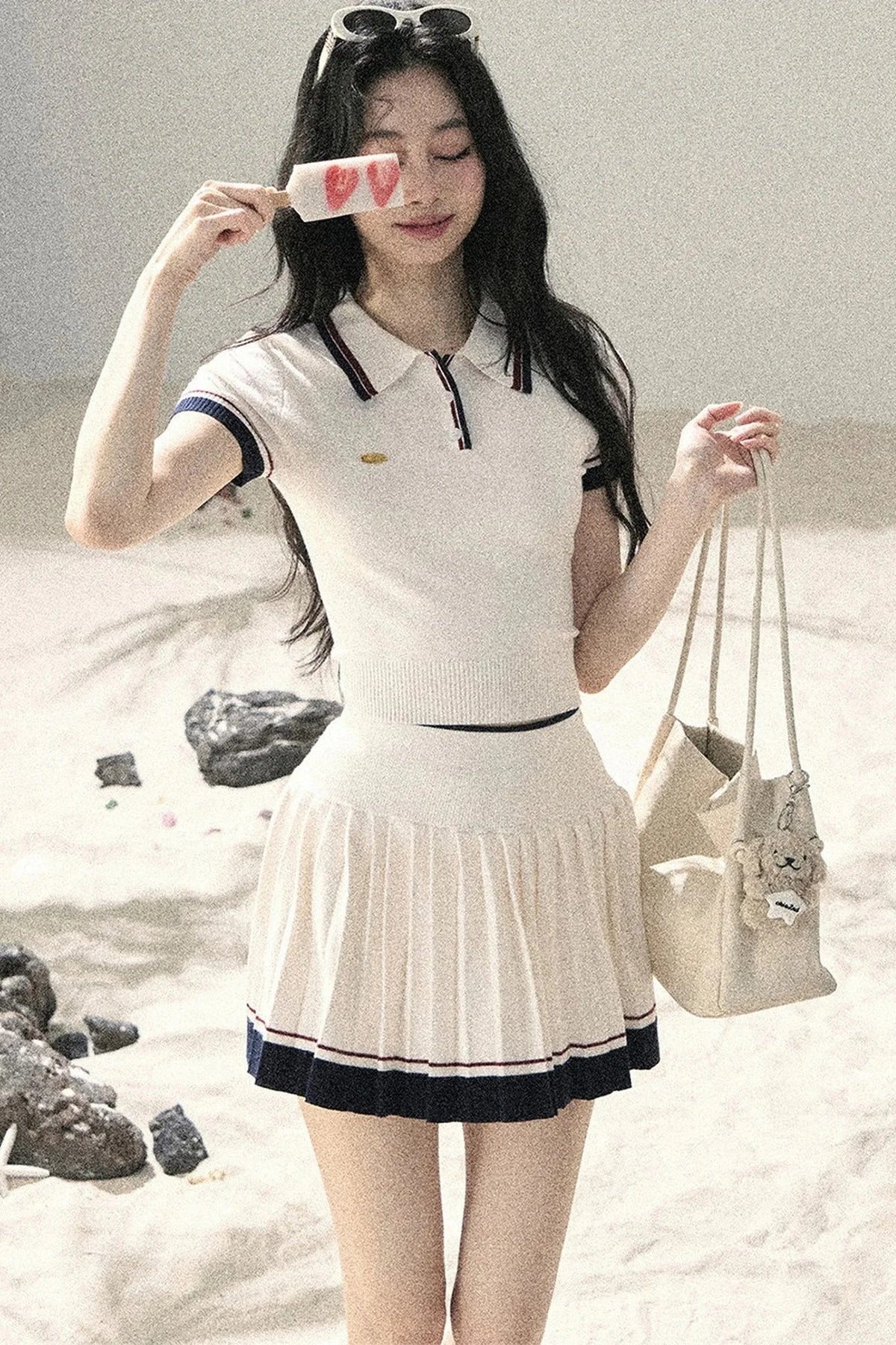 Knit Polo Top And Pleated Skirt Set-Up