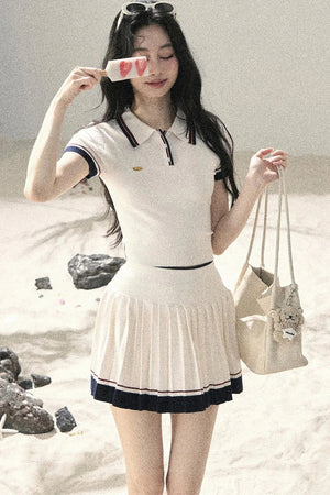 Knit Polo Top And Pleated Skirt Set-Up