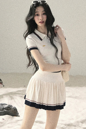 Knit Polo Top And Pleated Skirt Set-Up