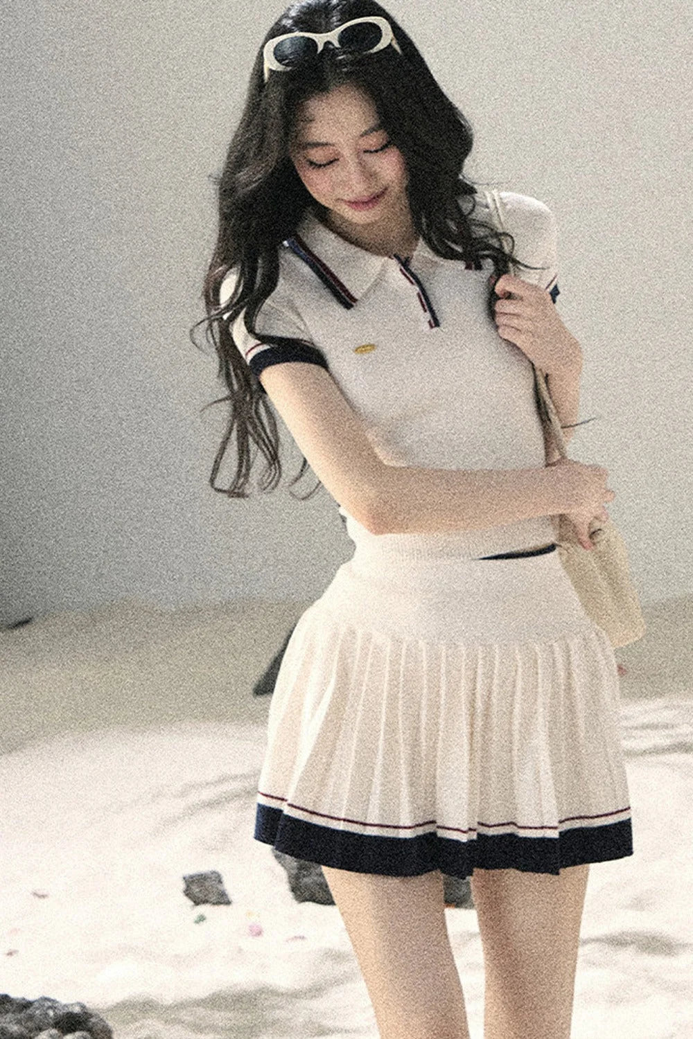 Knit Polo Top And Pleated Skirt Set-Up