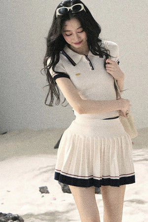 Knit Polo Top And Pleated Skirt Set-Up