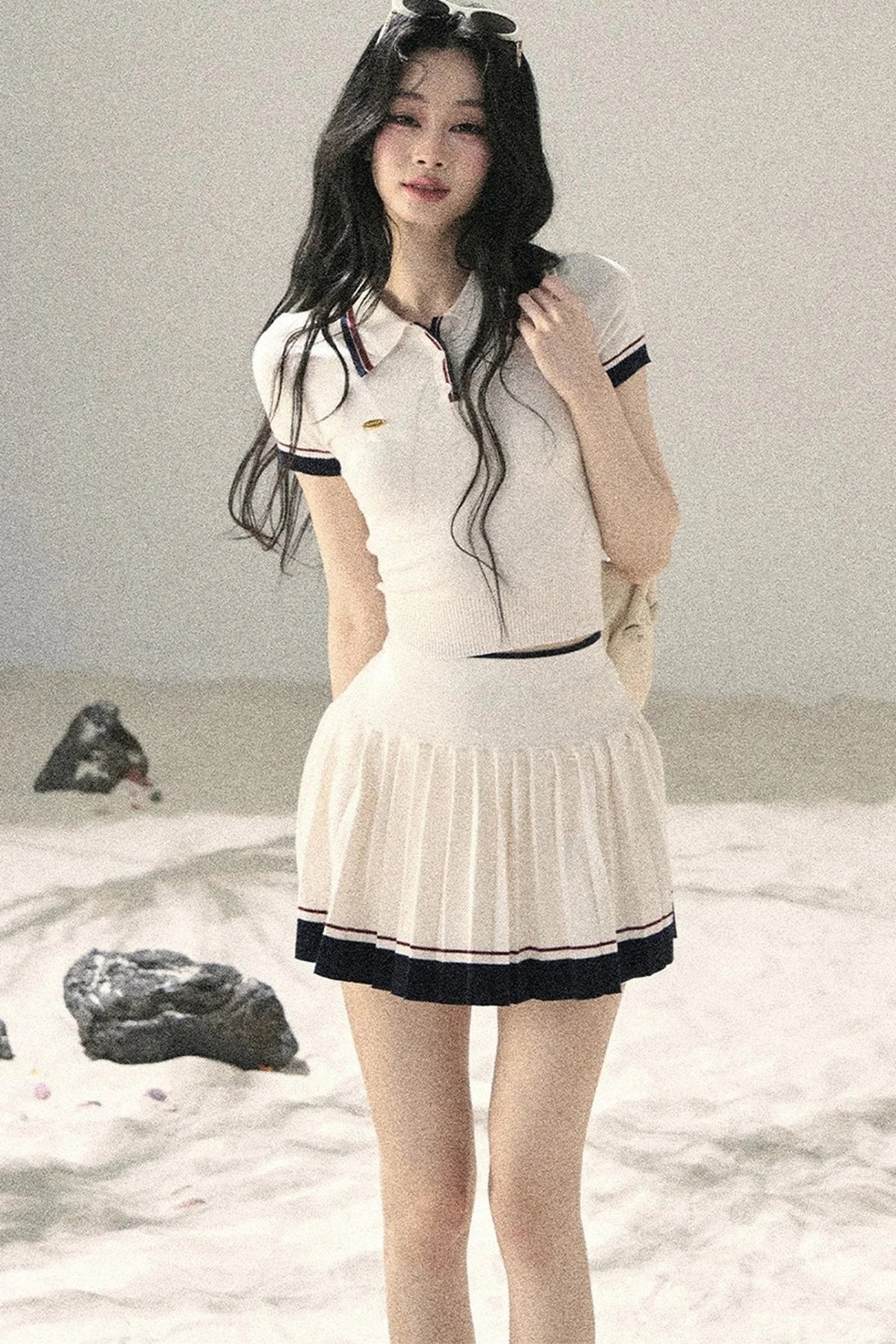 Knit Polo Top And Pleated Skirt Set-Up